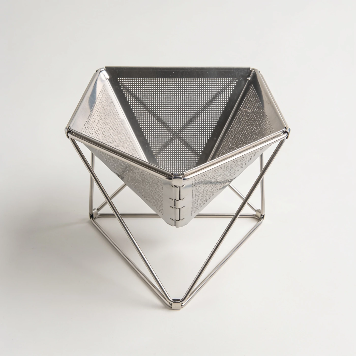 Fold Travel Dripper — three folding stainless steel mesh panels on a triangular support frame
