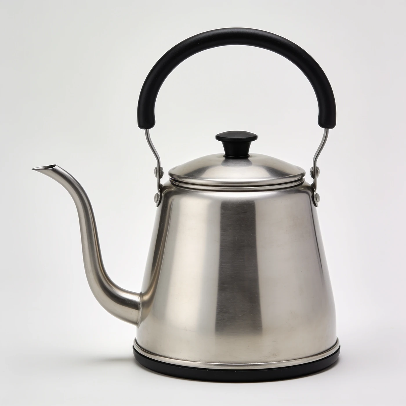 Arc Stovetop Kettle — brushed stainless steel body; long curved gooseneck and black loop handle