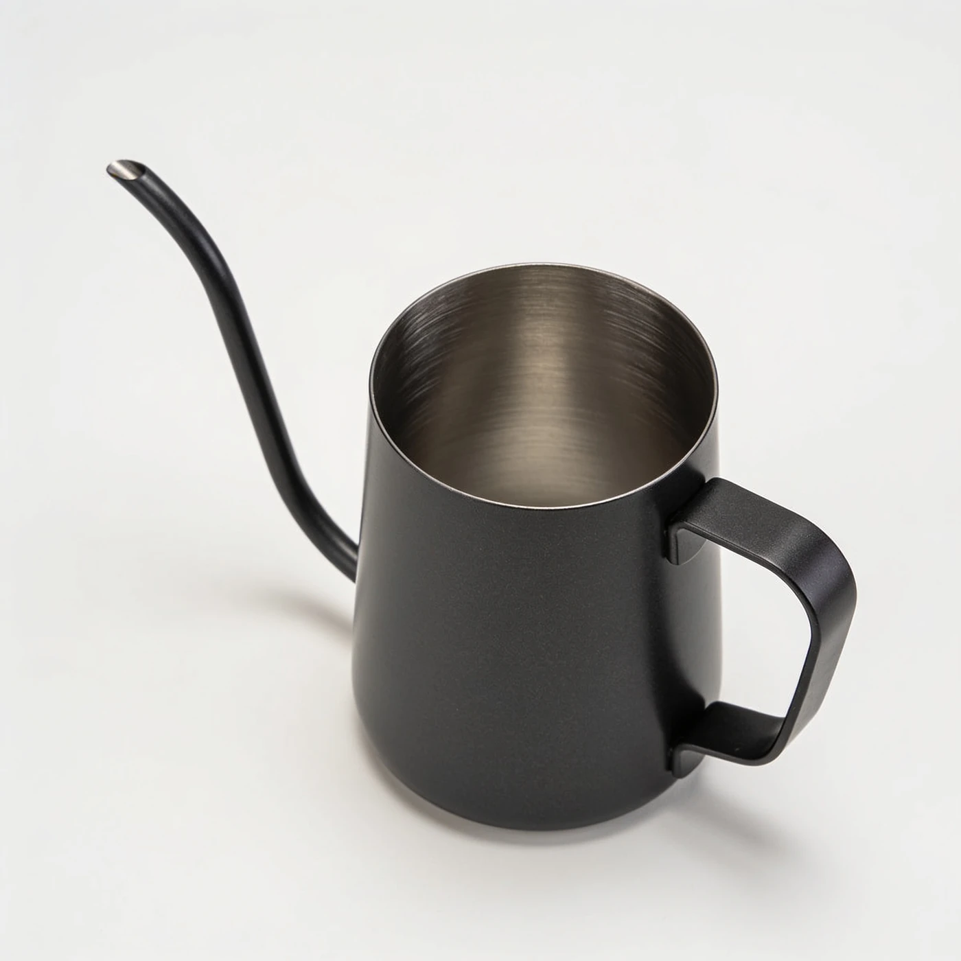 Pinch Pour Kettle — matte black stainless steel small pitcher; open top and fine fixed gooseneck