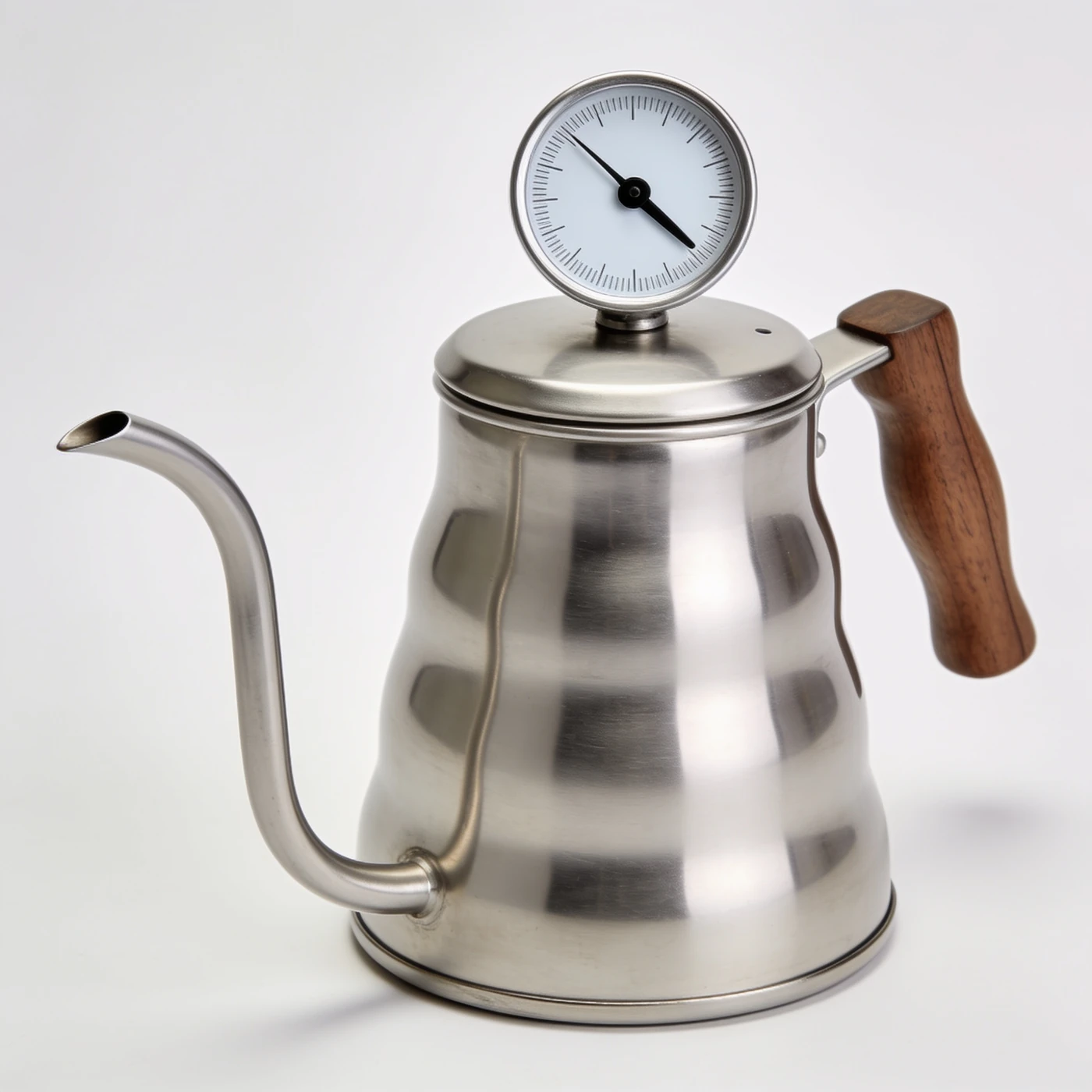 Dial Lid Kettle — brushed stainless steel body; lid-mounted analog thermometer with plain unnumbered dial; wood handle