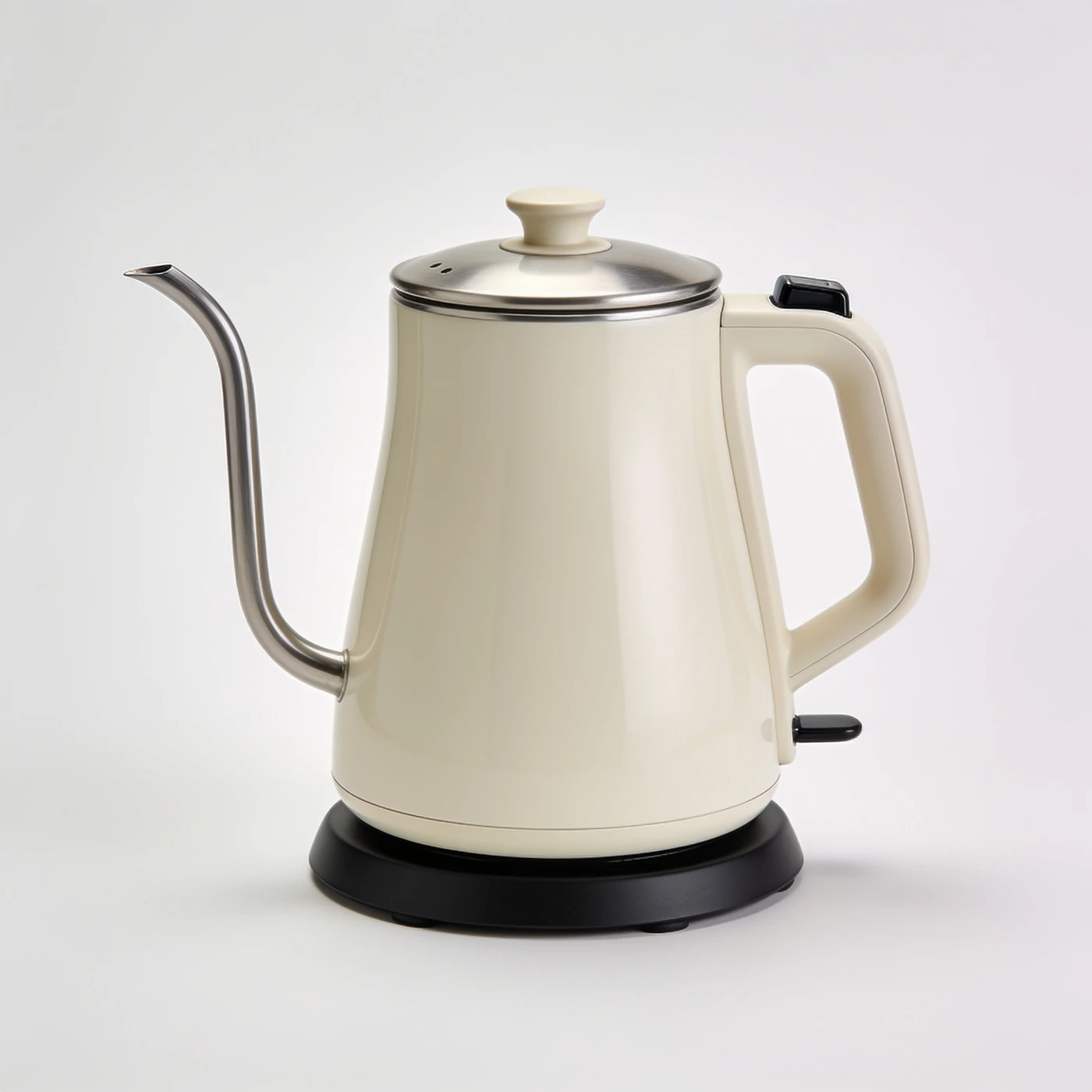 Counter Electric Kettle — ivory stainless steel gooseneck body; detachable plain black electric base; auto-off switch