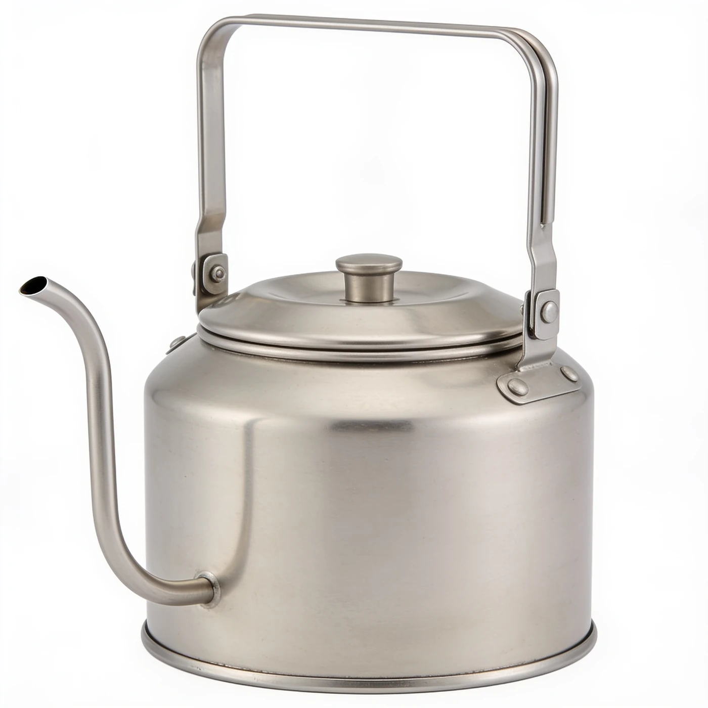 Camp Bail Kettle — bare stainless steel squat body; folding overhead bail handle and short gooseneck